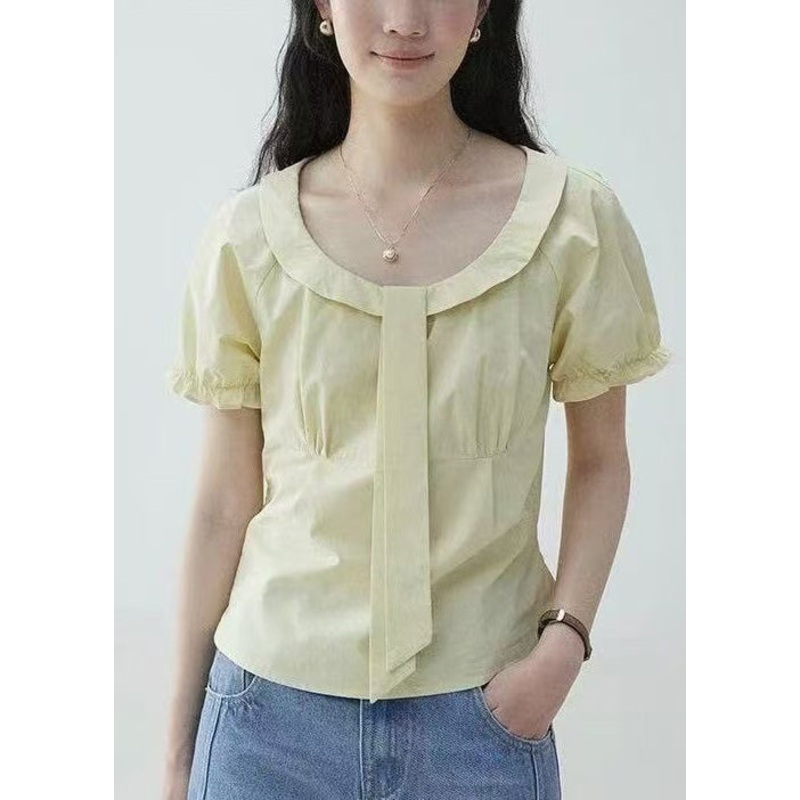 Zippered Blouses Puff ElegantYellow Wrinkled Sleeve Cotton
