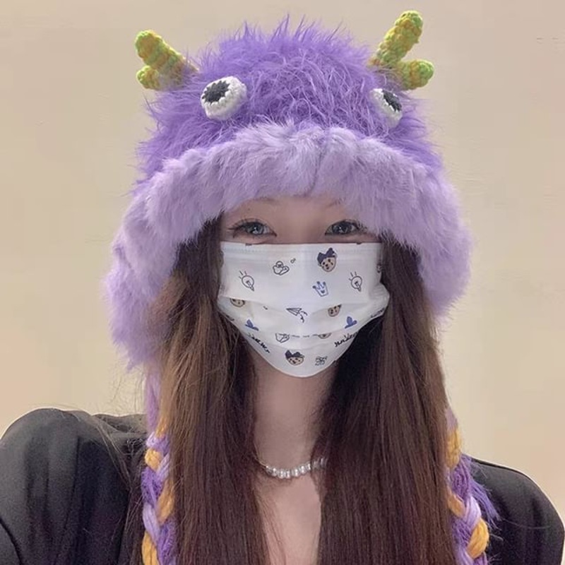 Animal Cartoon Fluffy Beanie|Big Eyes Dog – Blue|Big Eyes Dog – Off-White|Horned Monster & Braid – Mauve Pink|Horned Monster & Braid – Purple|M