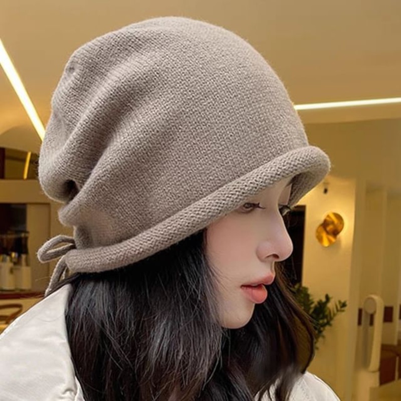 Beanie Bowknot Plain|Drawstring Edition – Black|Drawstring Edition – Gray|Drawstring Edition – Khaki|Without Drawstring Edition – – Black|M