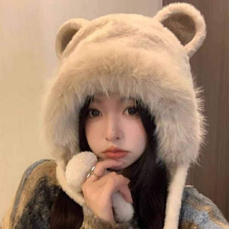 Bear Ear Hat Bonnet Fluffy|Khaki|Off-White|One Size