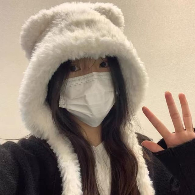 Bear Plain Ear Fluffy Hat / Ribbed Beanie