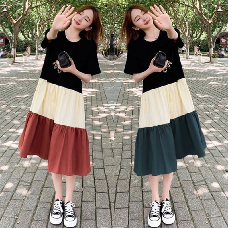 Block A-Line Crew Midi Dress Neck Color Short-Sleeve