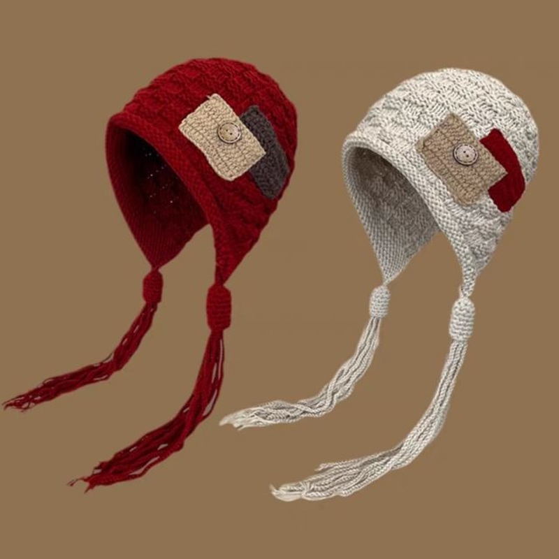 Color Tassel Block Beanie|Khaki|Red|M