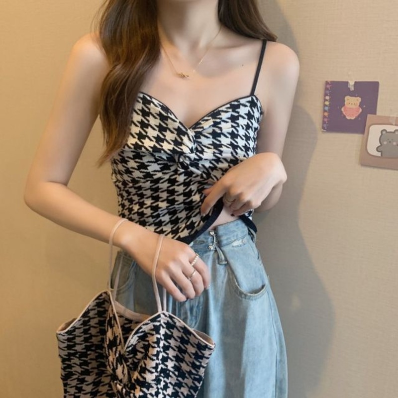 Houndstooth Cami Knotted Top|Almond|Black|One Size