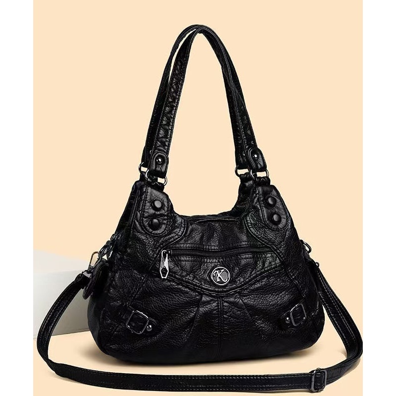 2025 Shoulder Faux New Bag Capacity Black Leather Large
