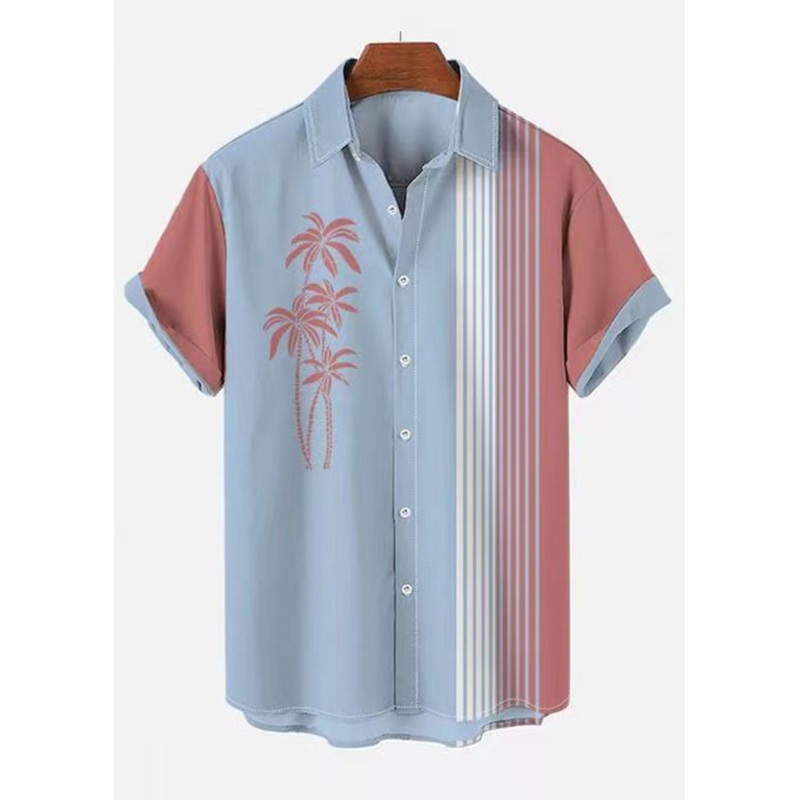 Asymmetrical Art Shirts Striped Mens Blue Cotton Summer Patchwork