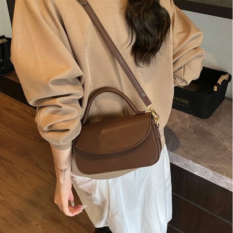 Bag Leather Faux Top Crossbody Flap Plain Handle