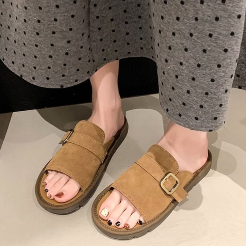 Buckled Sandals Plain Slide|Camel|Khaki|Off-White|35|36|37|38|39|40|41|42