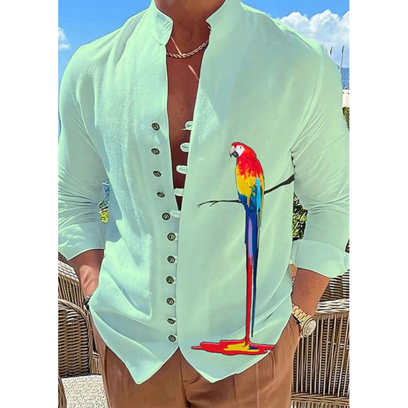 Button Shirts Men Green Size Plus Cotton Fall Stand Collar Print