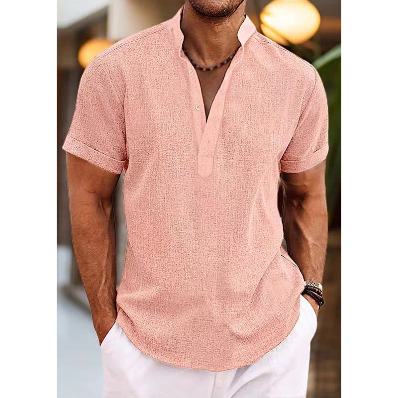 Collar Simple Summer Stand Mens Shirt Button Cotton Pink