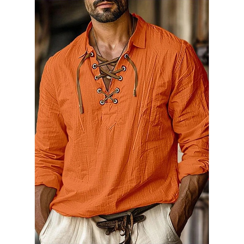 Cotton Fall Peter Men Orange Loose Shirt Pan Up Collar Lace