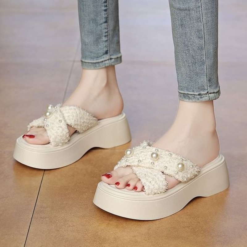 Criss Platform Sandals Slide Cross Faux Pearl