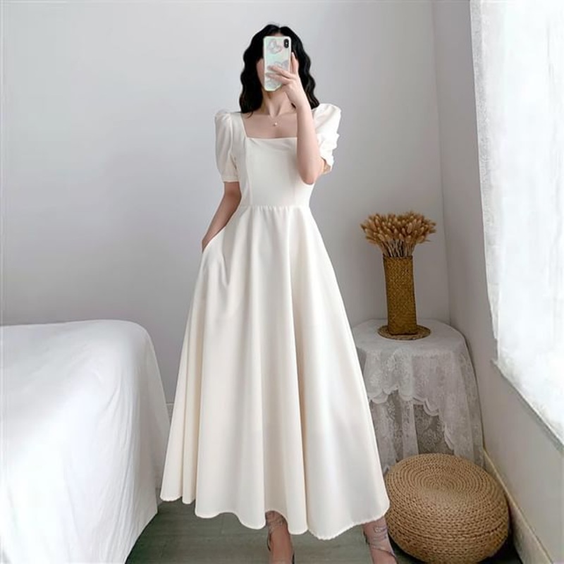 Dress Maxi Short-Sleeve Plain Neck Square A-Line
