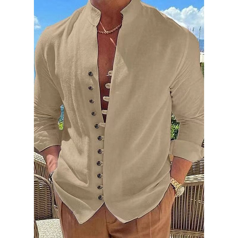 Stand Collar Khaki Simple Cotton Fall Men’s Shirts Solid Button