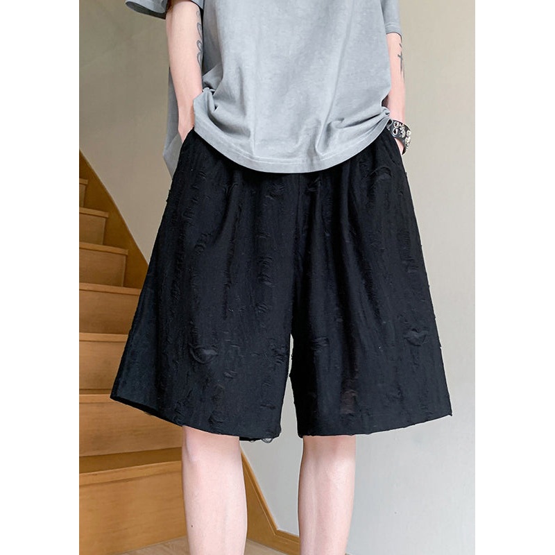 Summer Lace Up Elastic Men Hole Black Waist Shorts Cotton