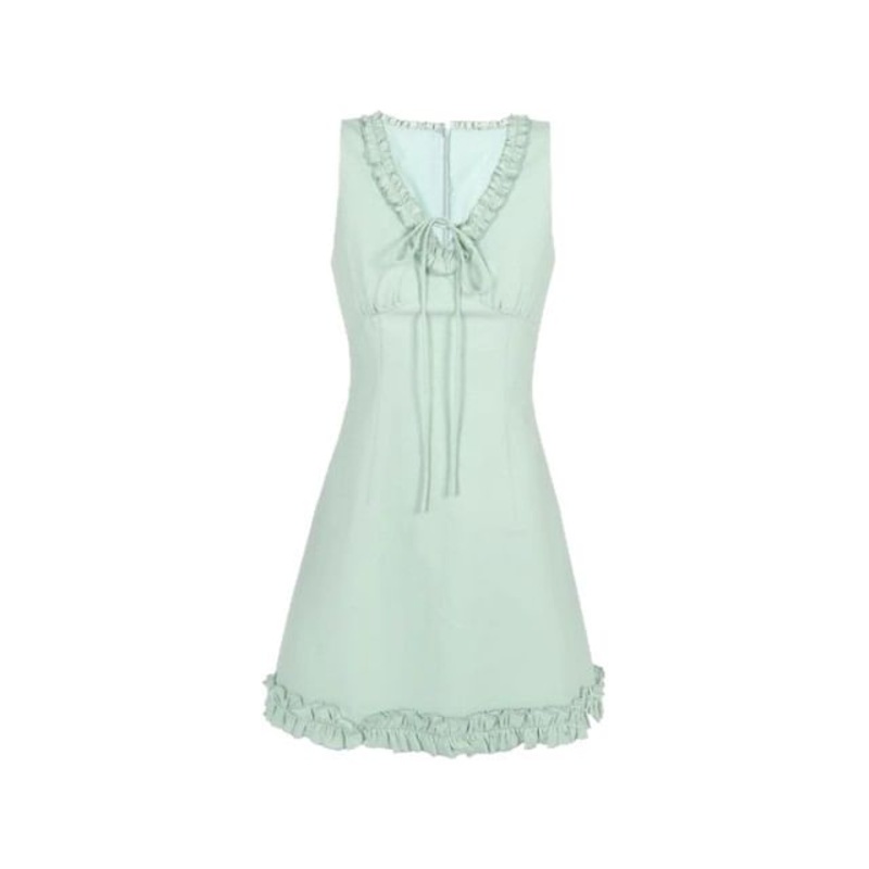 Trim Mini V-neck Ruffle Dress Sleeveless