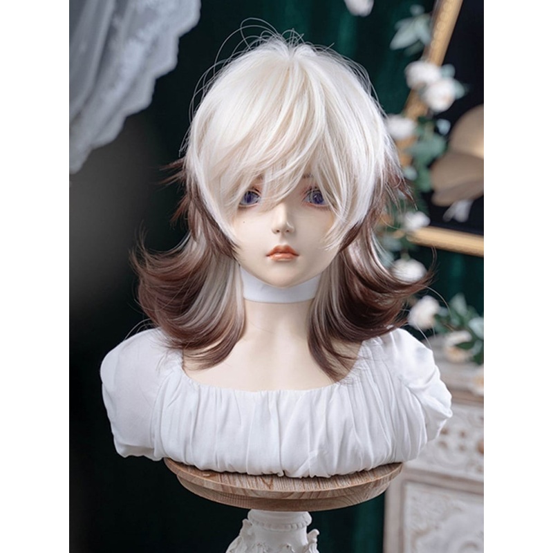 43CM With Wig Length Short Ouji White Hair Ombre And Brown Air Color Bangs