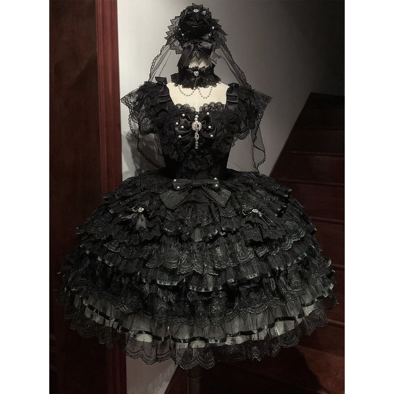 Dress Fabric Tiered Hime Hanayome Lolita Bodice Butterfly All Skirt Black