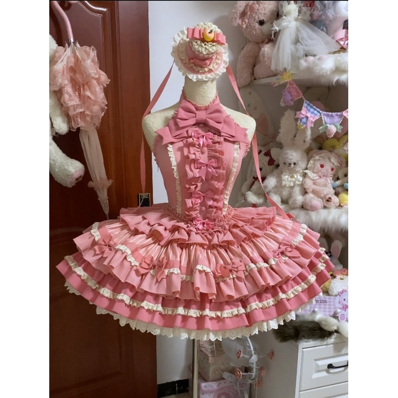 Dress Lolita Idol Accents Pink Rose Ruffle Bow Tiered Neck Sweet Halter Skirt