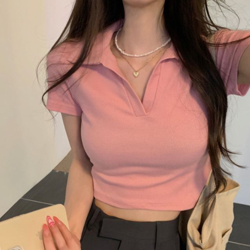 Plain Crop Short-Sleeve Polo Top