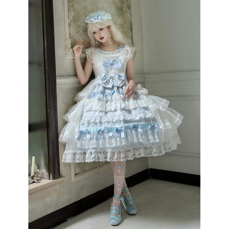 Set Hanayome JSK Dress Bows Decoration Full Blue White Skirt Tiered Hime Lolita and