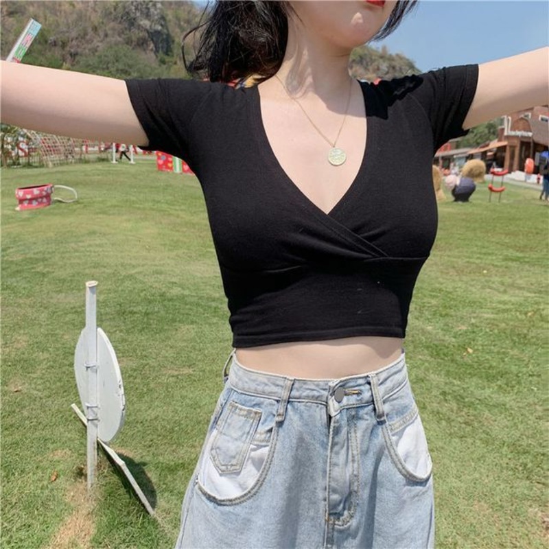V-Neck Top Crop Short-Sleeve|Black|White|S|M|L|XL|2XL