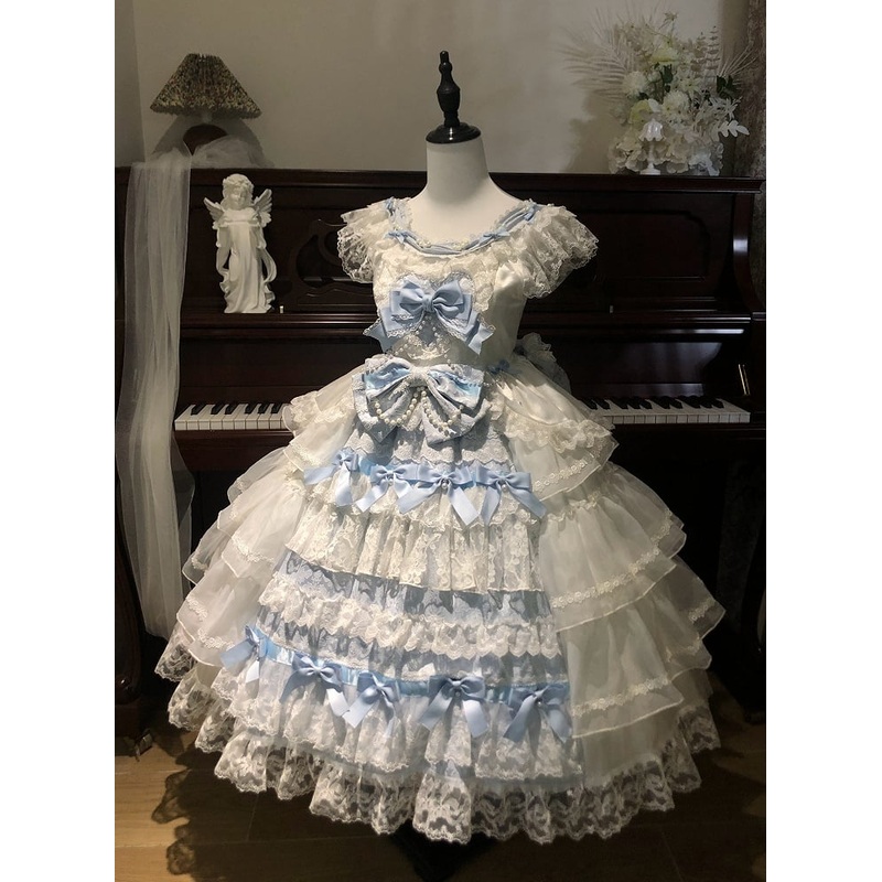 White Decoration and Blue Tiered Lolita Dress Hime Skirt Bows Hanayome