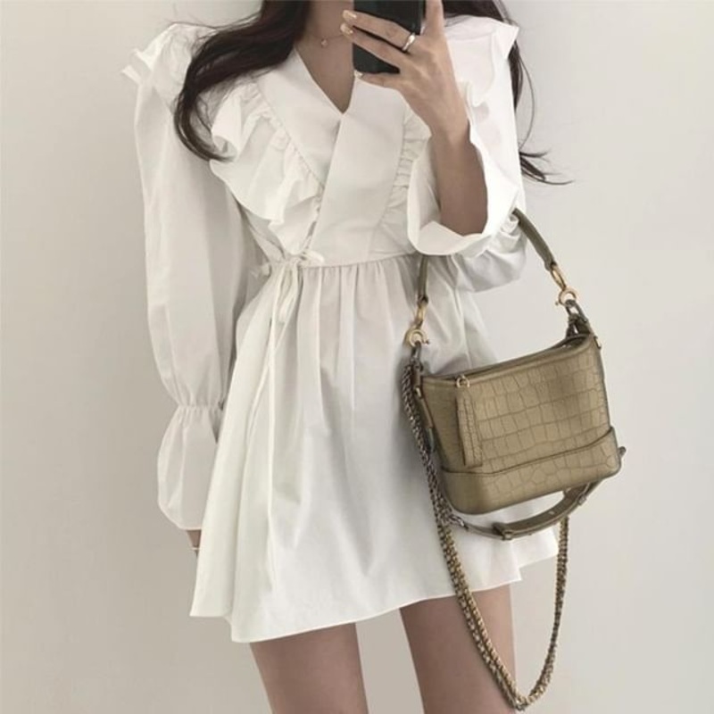 A-Line Plain Long-Sleeve V-Neck Mini Dress Collared
