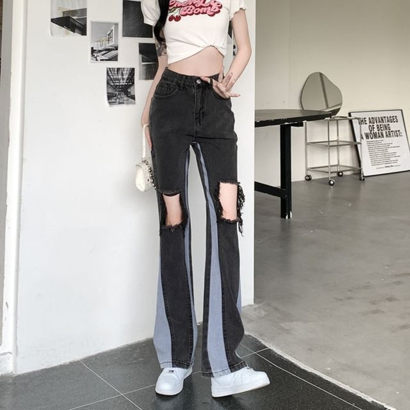 Distressed Washed Jeans Flared High Panel Waist