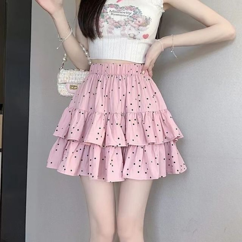 Elastic Dotted A-Line Ruffle Mini Skirt Waist