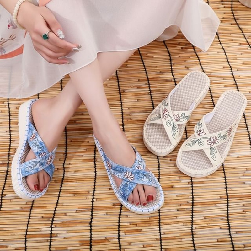Embroidery Sandals Cross Strap Floral