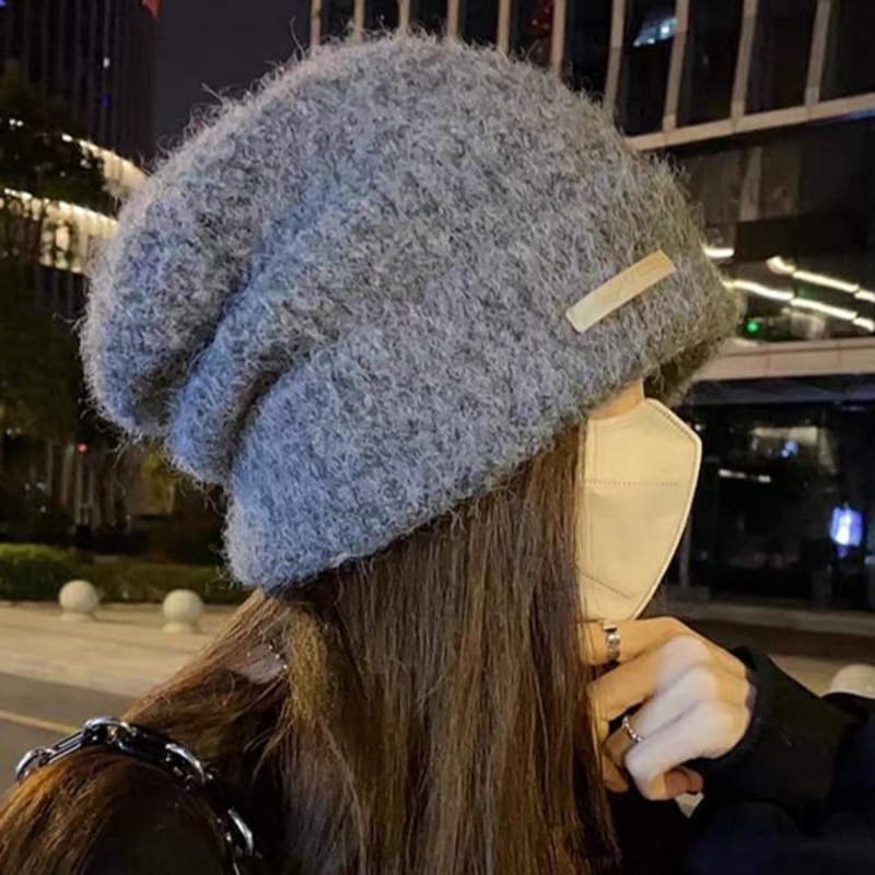 Fuzzy Plain Beanie Knit|Black|Fuzzy Knit – Green|Gray|Metal Tag – Blue|One Size