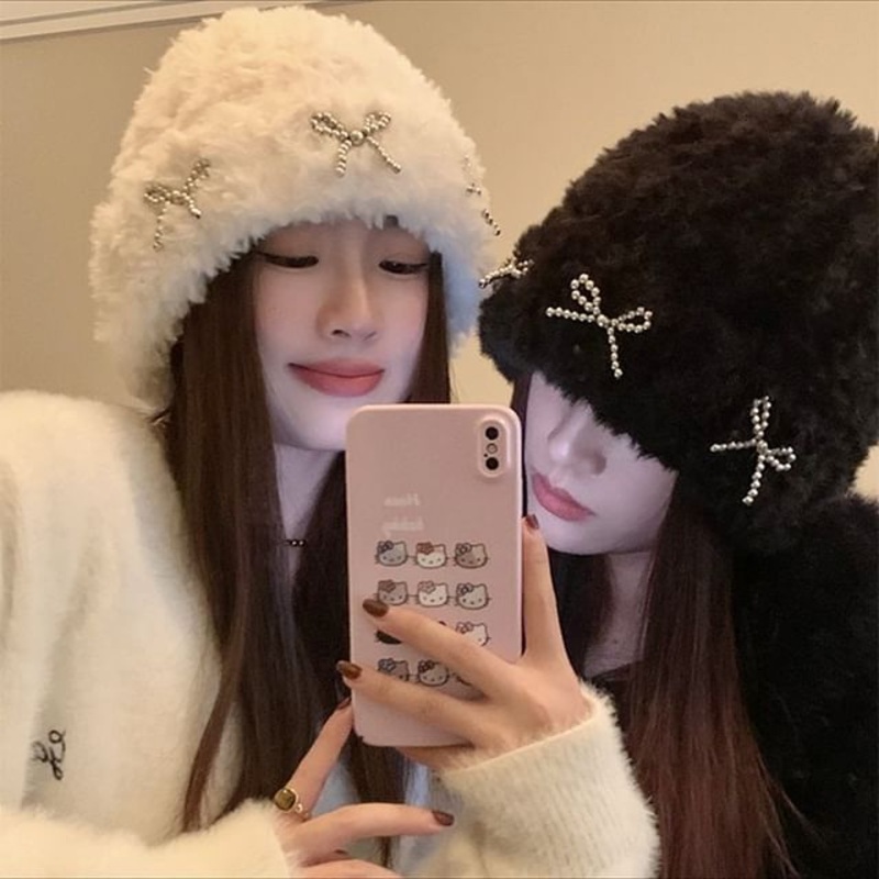 Metallic Studded Chenille Bow Beanie
