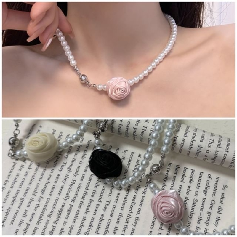 Pearl Necklace Floral Faux|1 Pc – Beige|1 Pc – Black|1 Pc – Pink|One Size