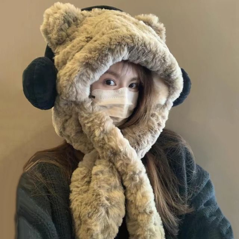 Scarf Bear Beanie Hooded Fluffy Ear / Ribbed