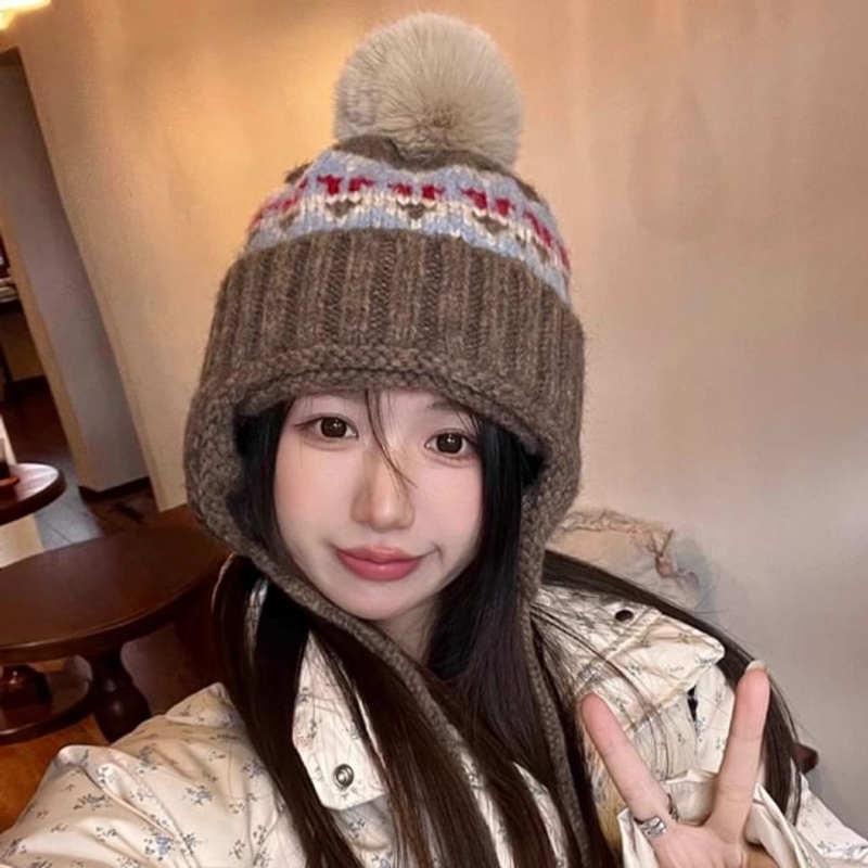 Trapper Knit Hat Pom|Almond Beige|Black|Coffee|Dark Khaki|One Size