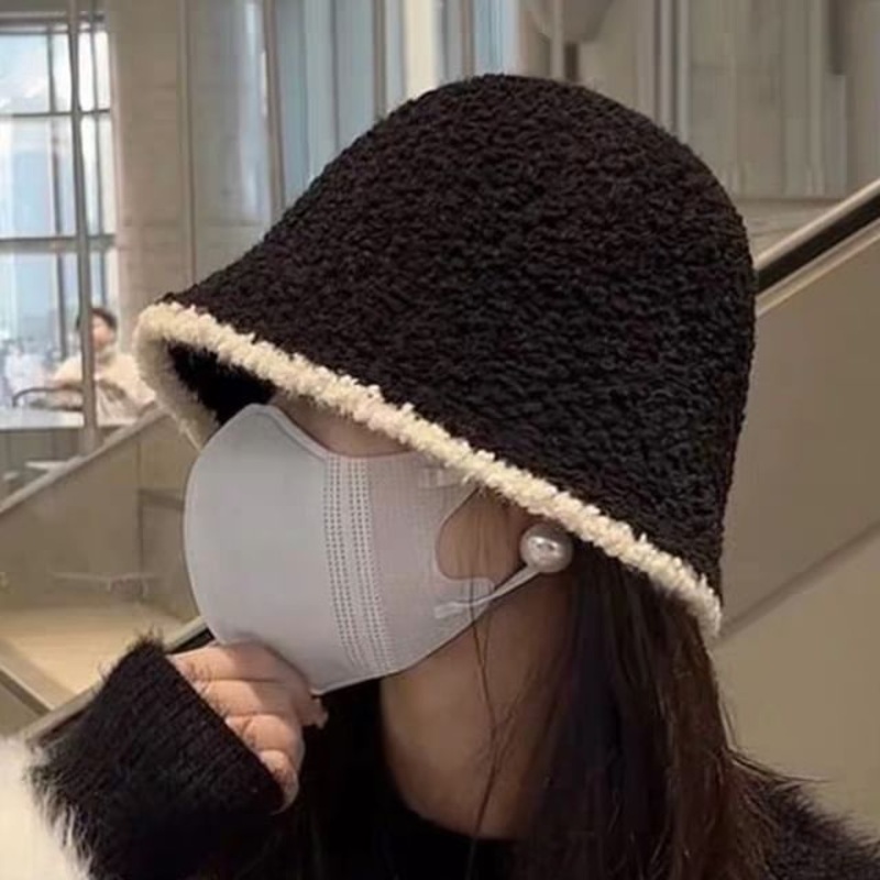 Trim Hat Ear Knit Contrast Bucket Plain /