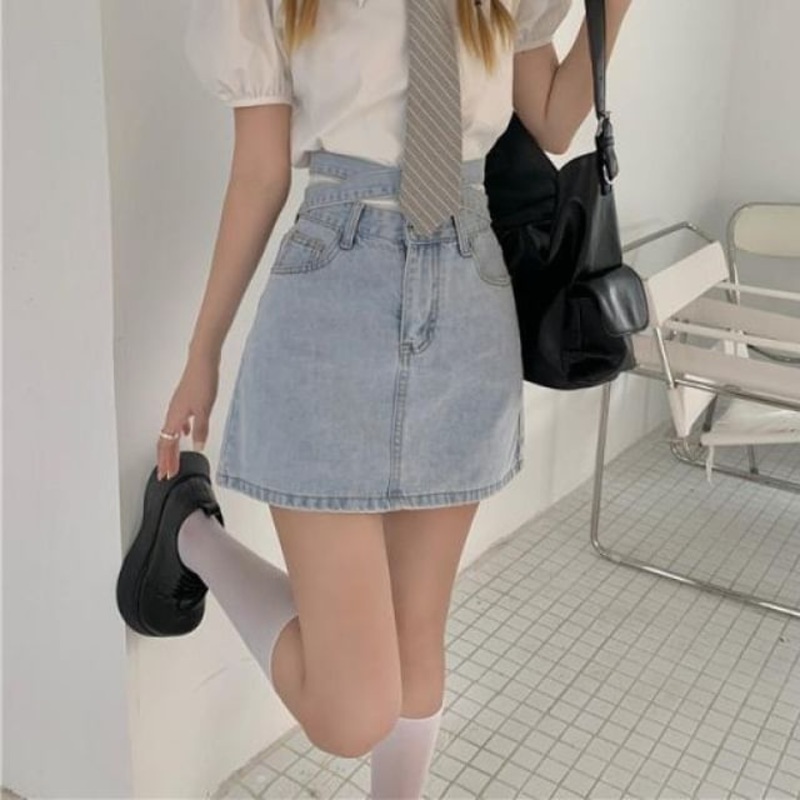 Washed High Denim Tie A-Line Skirt Rise Mini Back