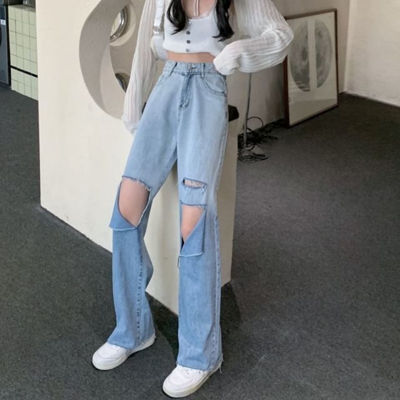 Washed Leg Distressed High Wide Jeans Waist Gradient