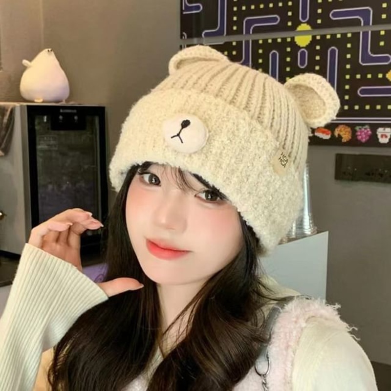 Bear Knit Beanie Ear|Black|Coffee|Gray|Khaki|Off-White|One Size