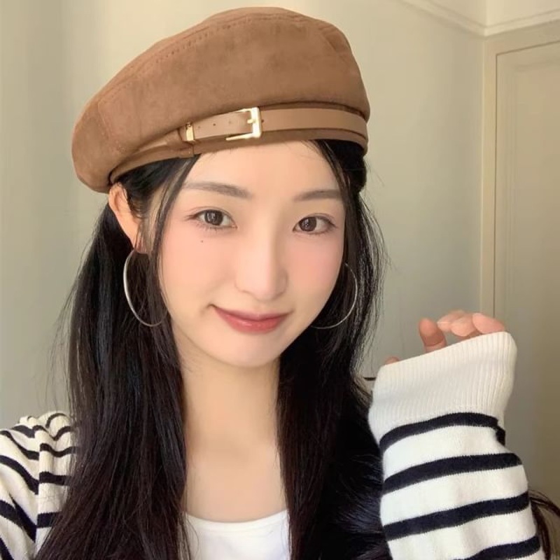 Belted Suede Faux Beret|Black|Brown|Camel|Gray|One Size
