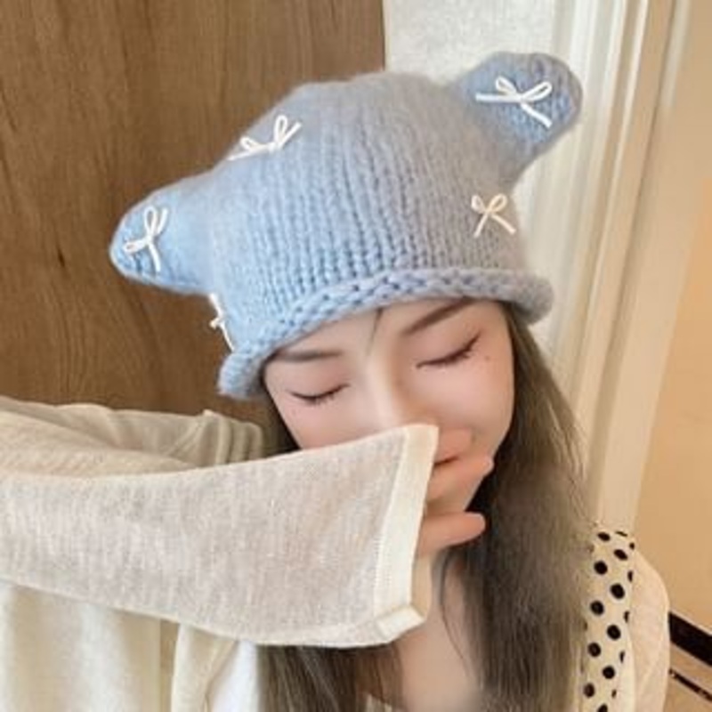 Ear Bow Beanie Knit Animal|Beige|Black|Blue|Red|One Size