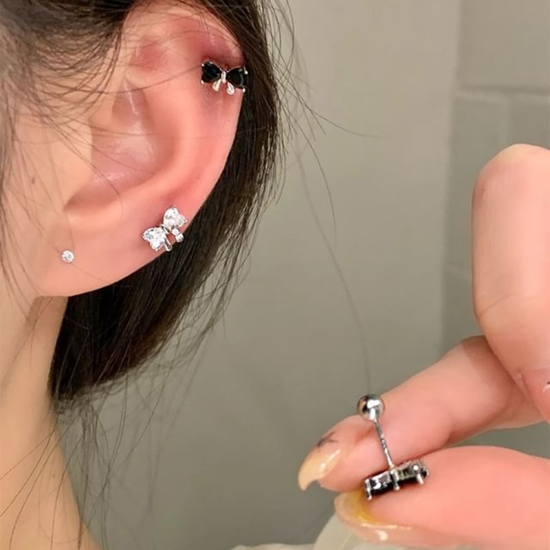 Ear Rhinestone Bow Stud|1 Pair – Black|1 Pair – White|One Size