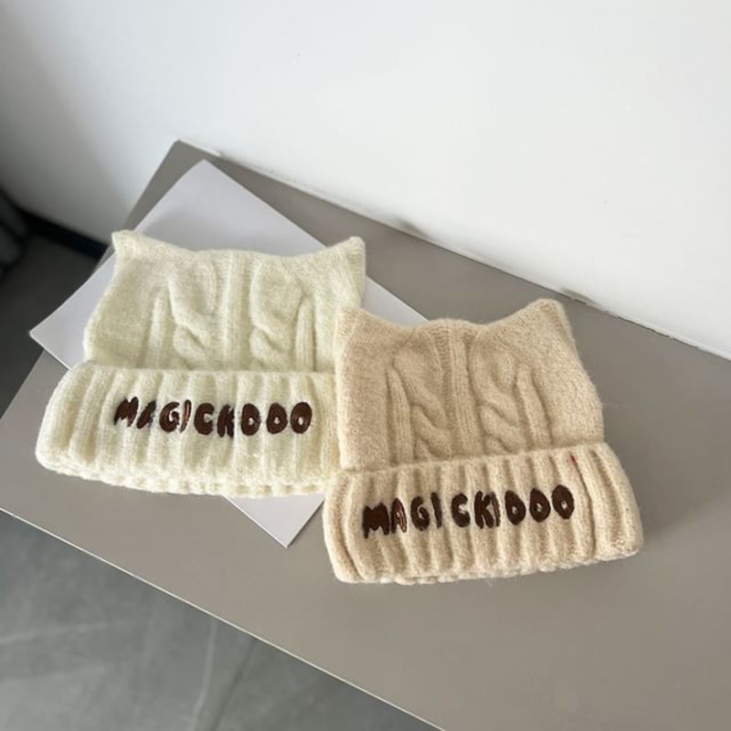 Embroidered Cable Knit Lettering Beanie