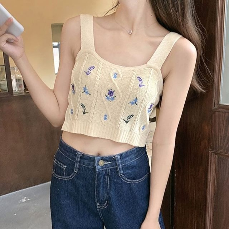 Top Cropped Knit Embroidered Camisole Flower