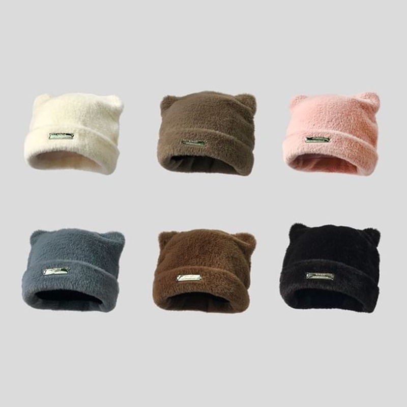 Applique Cat Knit Beanie Ear|F1195 – Black|F1195 – Blue|F1195 – Coffee|F1195 – Light Coffee|F1195 – Pink|F1195 – White|One Size