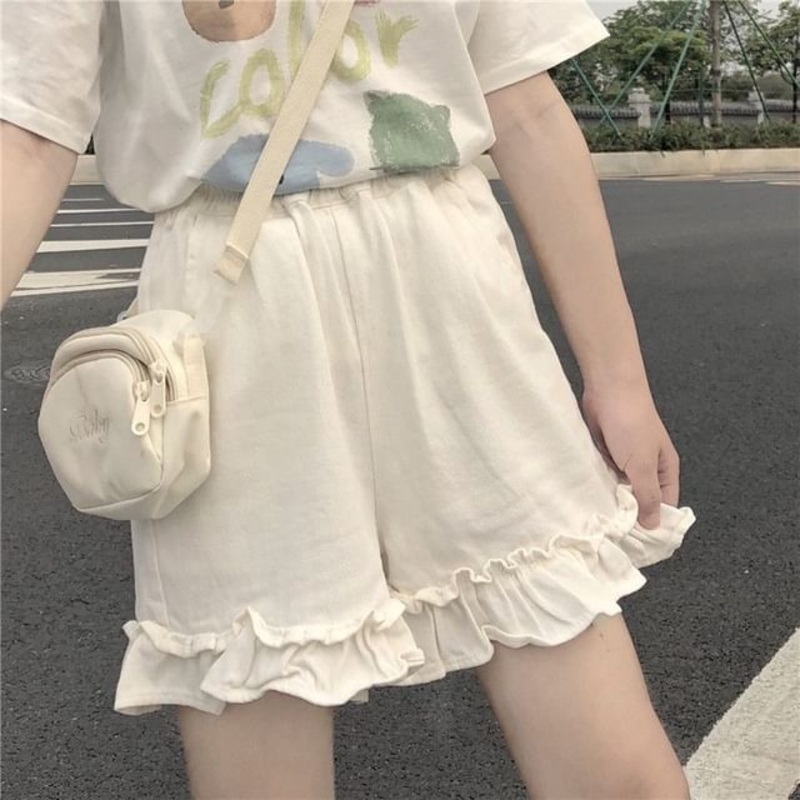 Elastic Shorts Plain Waist Ruffle