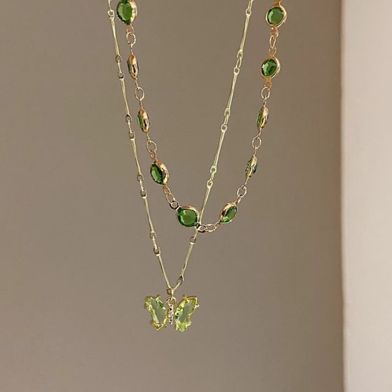 Station Necklace Rhinestone Butterfly Layered