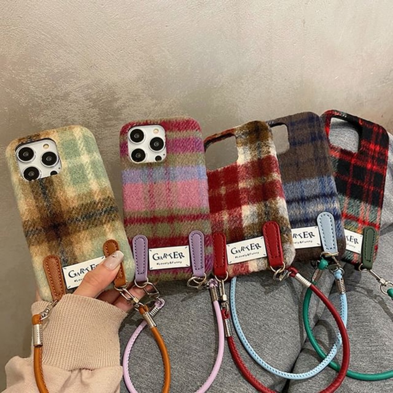 Strap Phone Case Plaid|With Phone Strap – Plaid – Blue & Brown|With Phone Strap – Plaid – Green & Red & Black|With Phone Strap – Plaid – Light Green & Brown|With Phone Strap – Plaid – Light Red & Brown|With Phone Strap – Plaid – Purple & Pink & Green|iPho