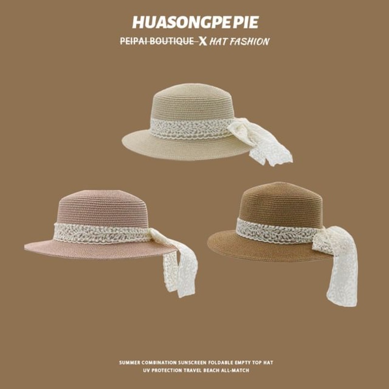 Trim Hat Straw Lace Boater|C3986 – Beige|C3986 – Khaki|C3986 – Pink|One Size